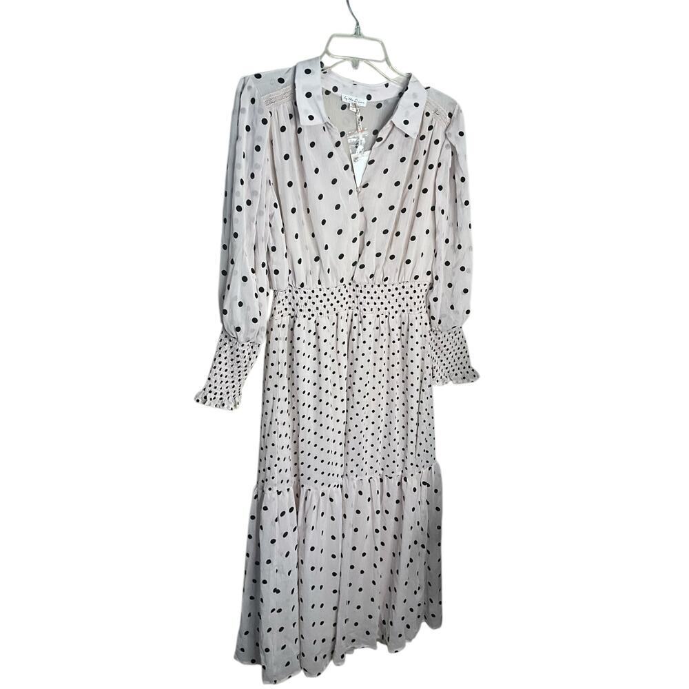 by the River Polka Dot Long Sleeve Collared Midi Dress White Black Womens Size L